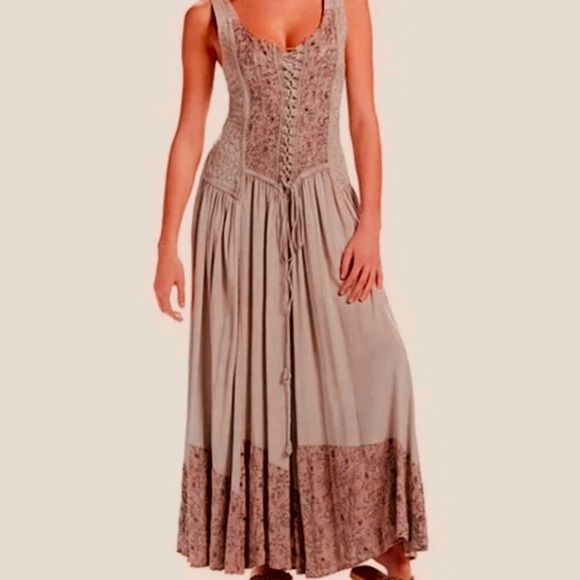 Romantic Boho Peasant Renaissance Medieval Pink Purple Embroidered Corset Dress - Picture 1 of 10